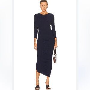 NWT Norma Kamali Diana Long Sleeve Midi Ruched Navy Dress Large Revolve